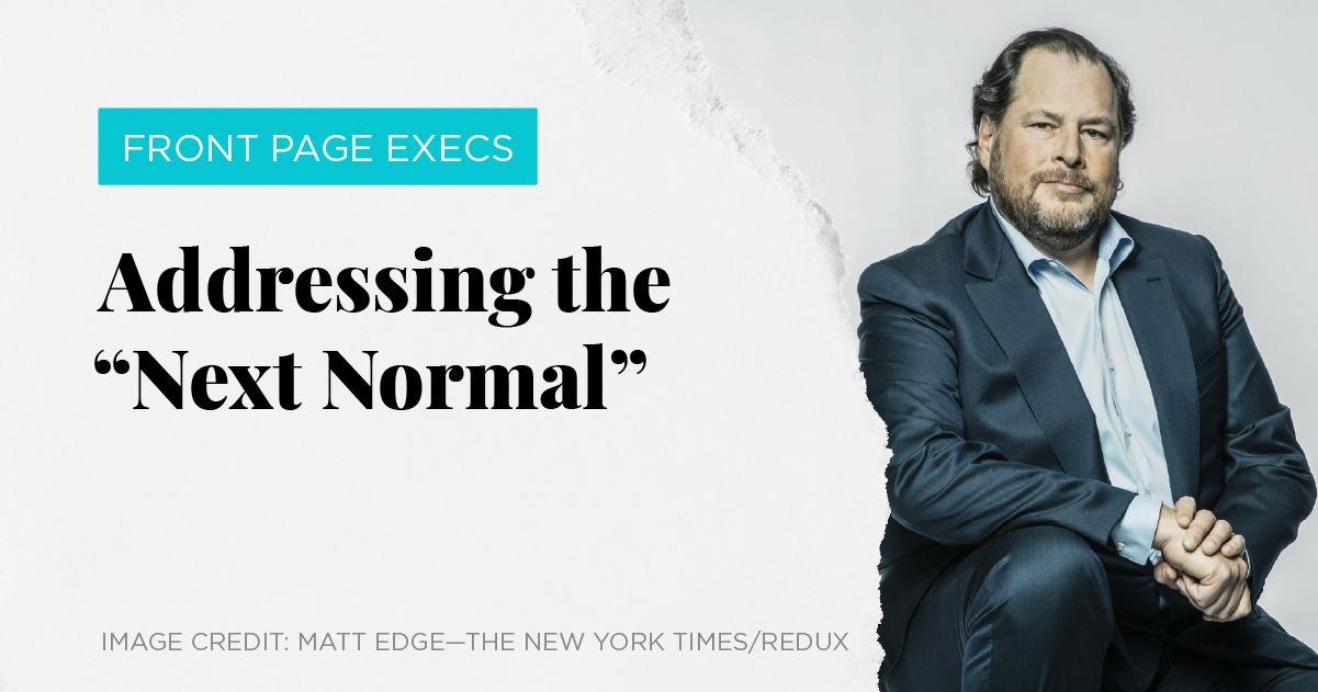 Salesforce CEO Marc Benioff on the cover of Front Page Execs: Addressing the Next Normal