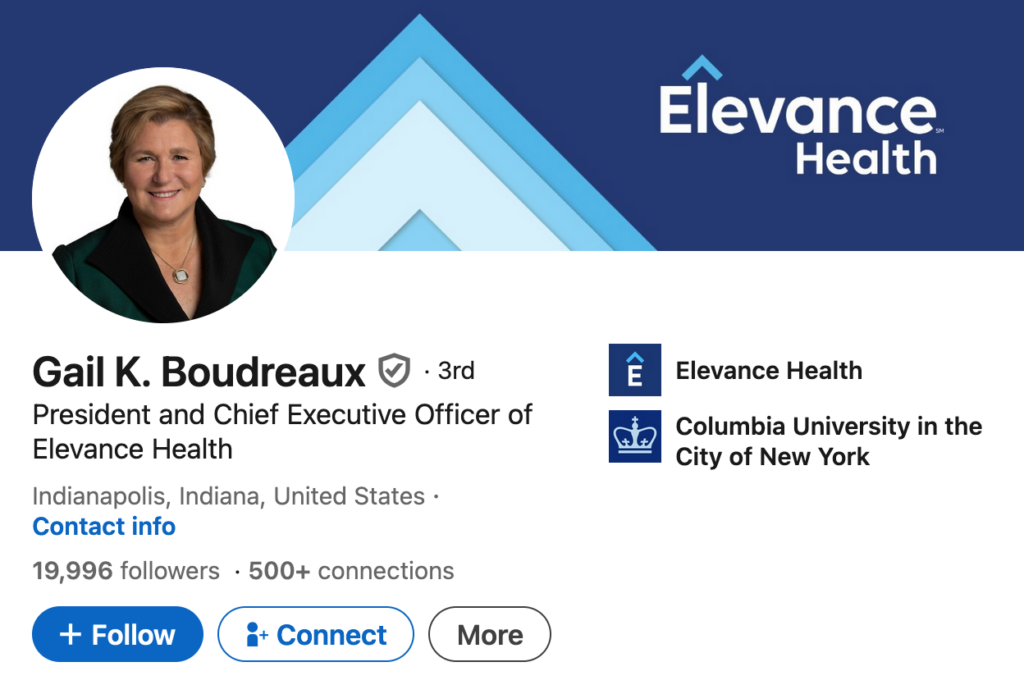 a screenshot of Elevance Health CEO's Gail Boudreaux's linkedin profile banner