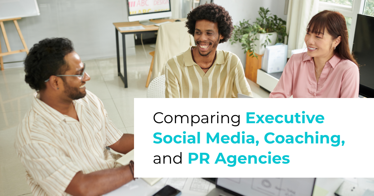 article banner graphic featuring group of people talking and article title Comparing Executive Social Media, Coaching, and PR Agencies