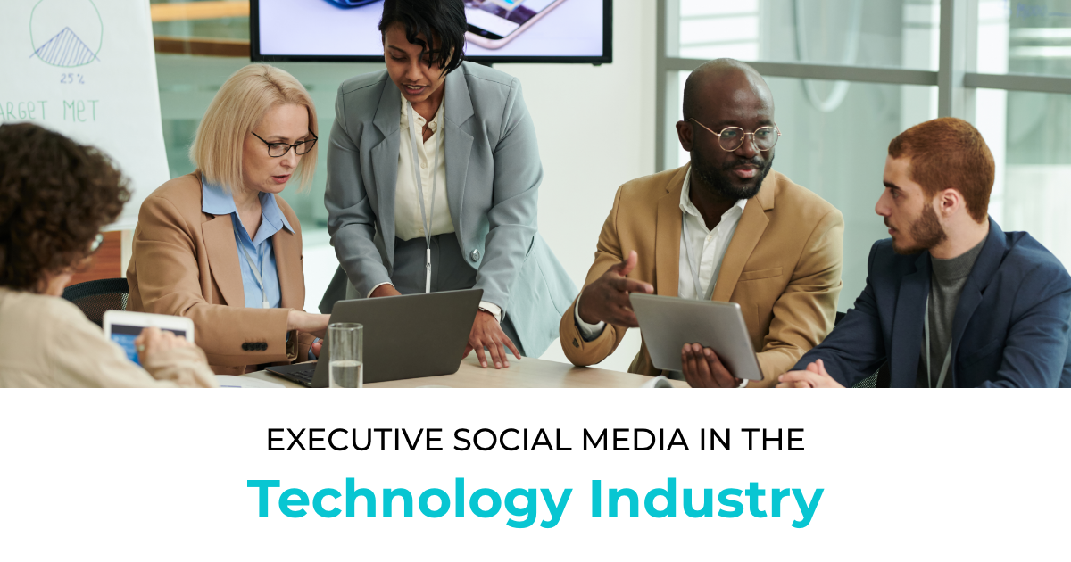 article banner featuring group of office workers and article title Executive Social Media in the Technology Industry