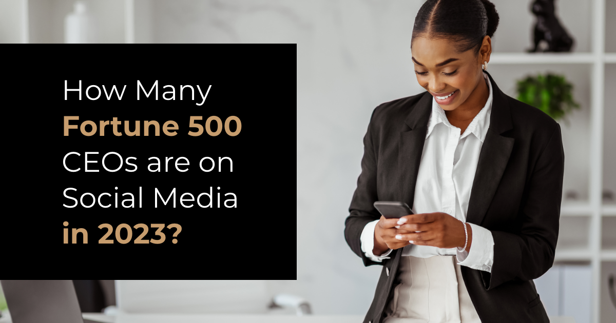 article banner featuring a woman looking at her phone and the article title How Many Fortune 500 CEOs are on Social Media in 2023?