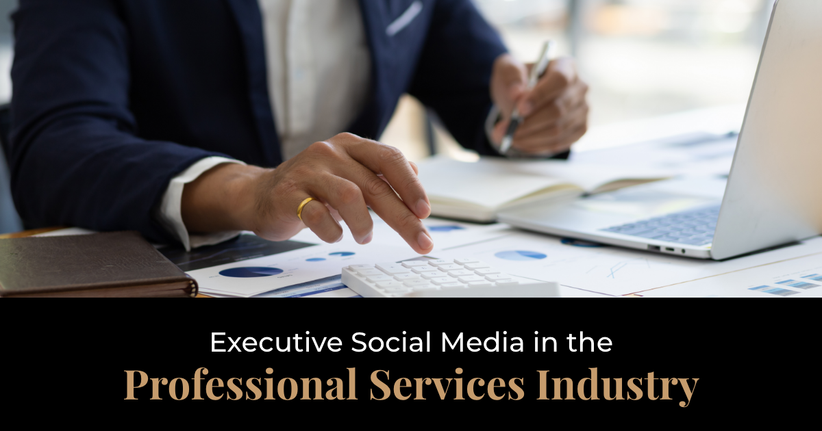 article banner featuring the article title "Executive Social Media in the Professional Services Industry" and photo of office worker using calculator