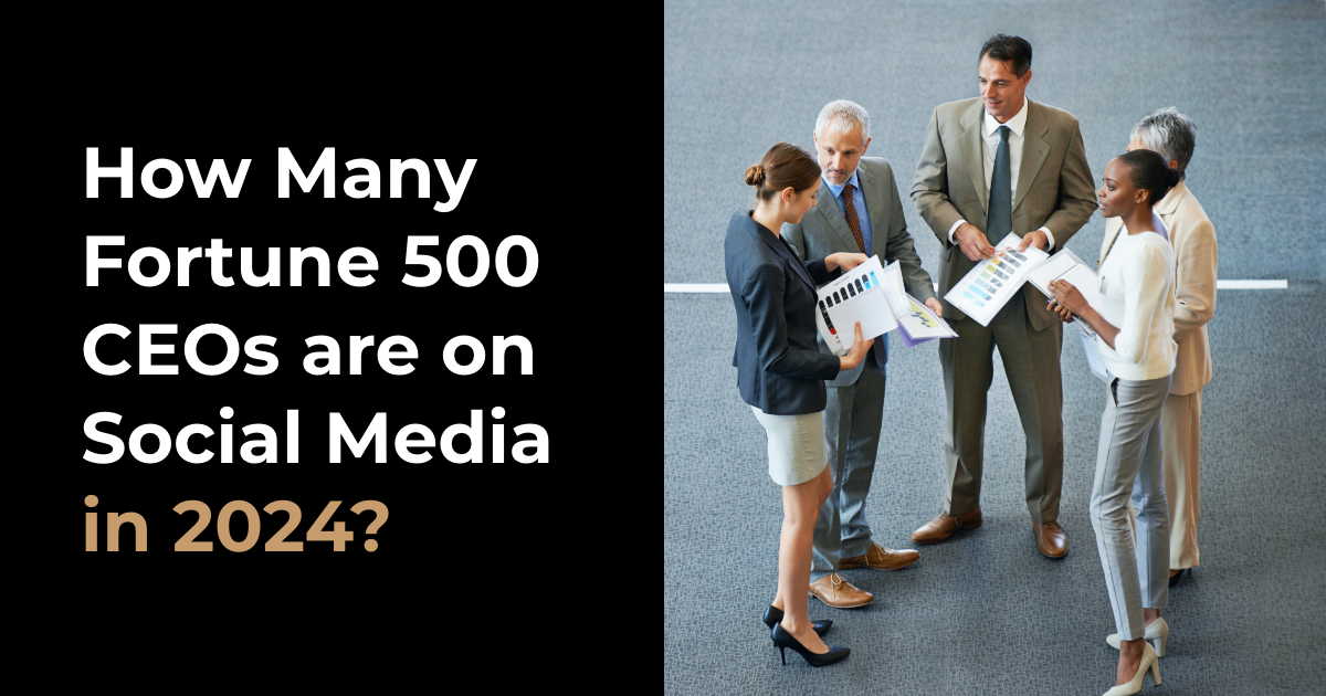 article banner featuring stock photo of group of business workers talking and article title How Many Fortune 500 CEOs are on Social Media in 2024?