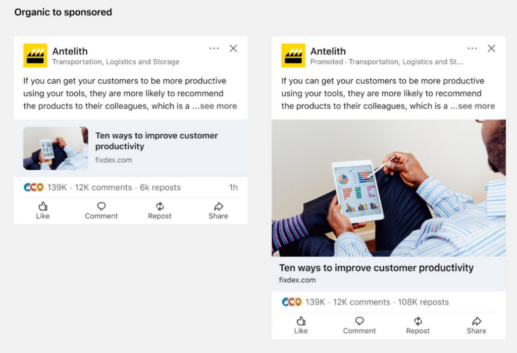 example of sponsored linkedin post and organic post