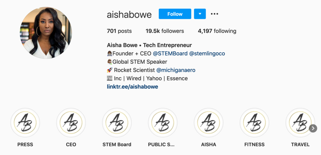 screenshot of aisha bowe's instagram bio and instagram layout