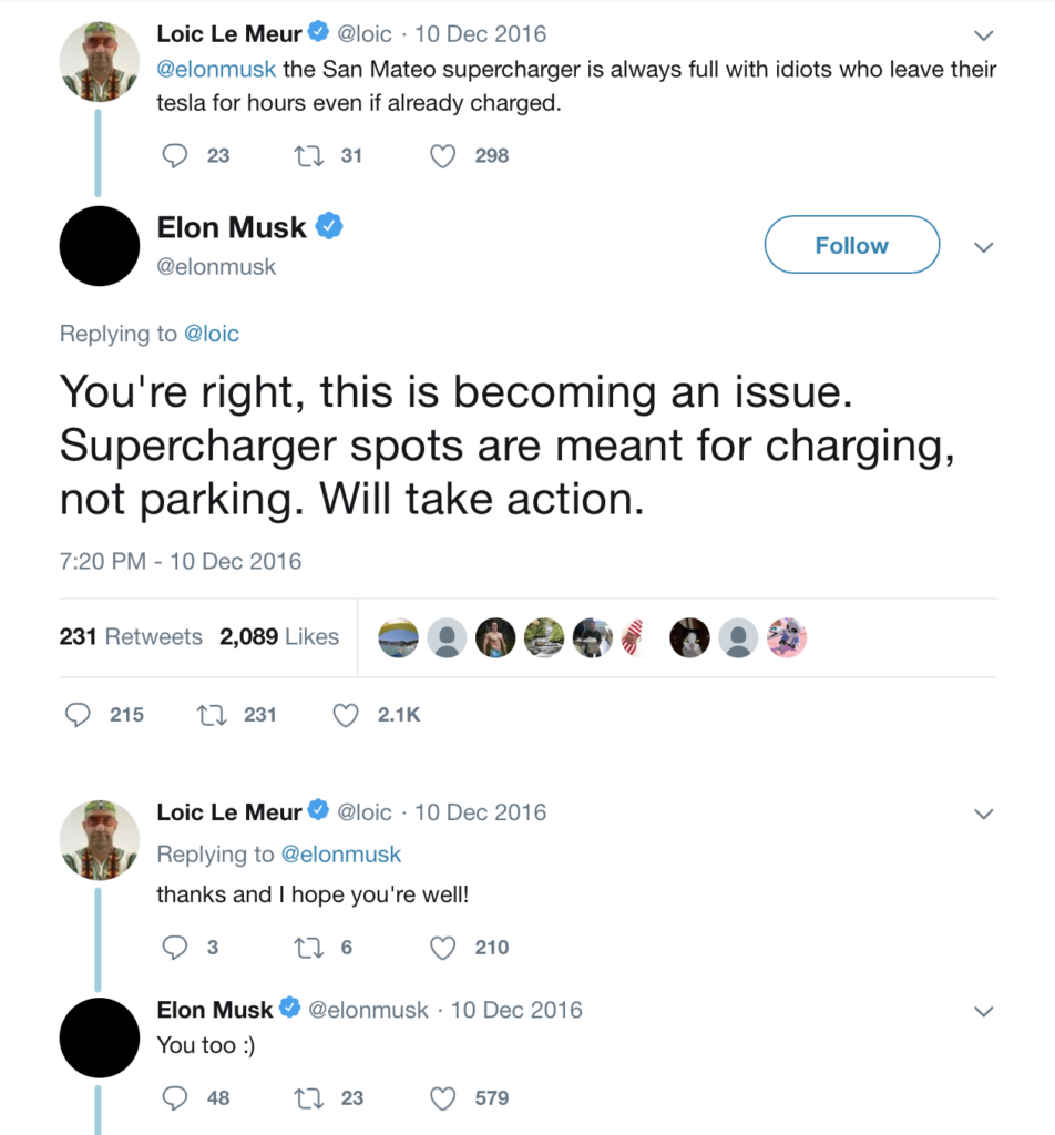 screenshot of customer giving feedback to Elon musk