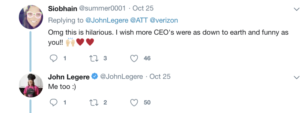 twitter user commenting positively on John Legere's personality