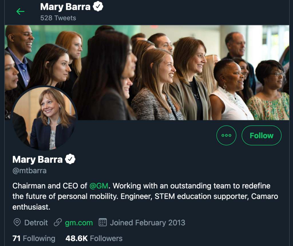 screenshot of mary barra's twitter profile