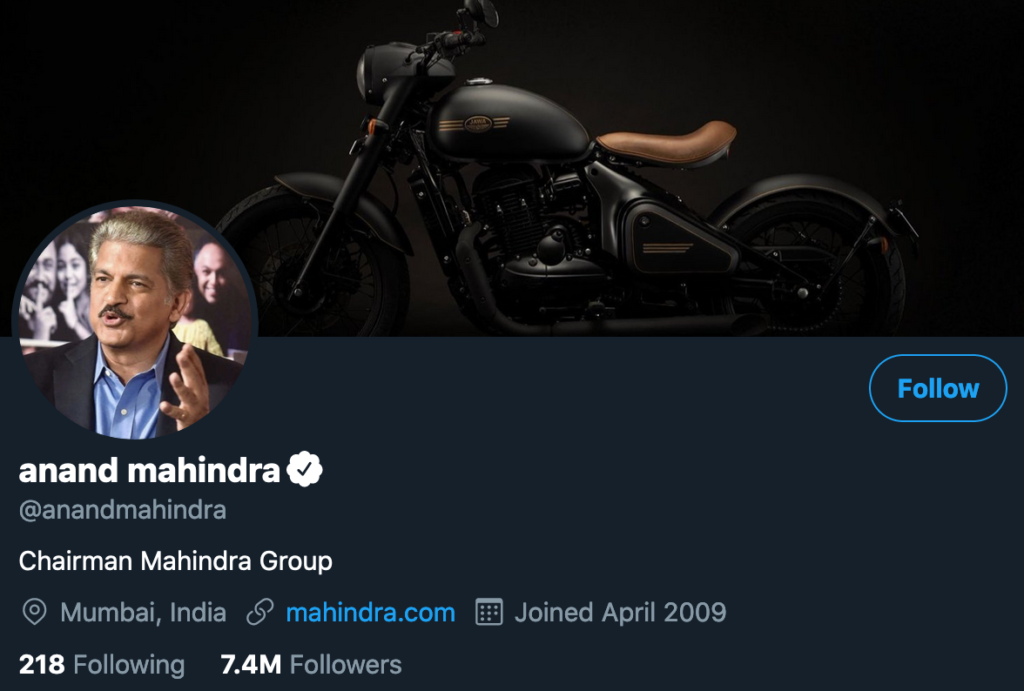 screenshot of anand machindra's twitter profile